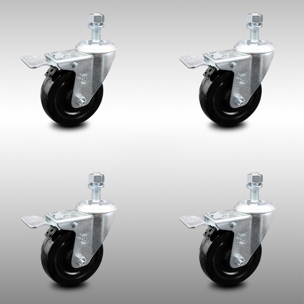 4 Inch SS Hard Rubber Swivel 10mm Threaded Stem Caster Set Total Lock Brake